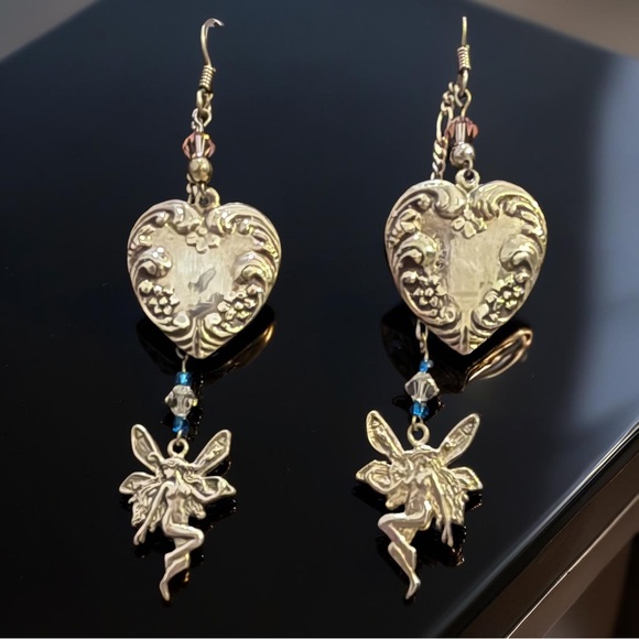 Vintage Sterling Silver Fairy Heart Dangle Earrings 925 Spring Whimsical Gift - Picture 10 of 11